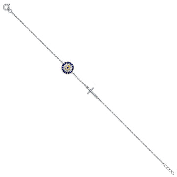 14K White Gold CZ Evil Eye & Cross Bracelet Chain 7" + 1" Extension